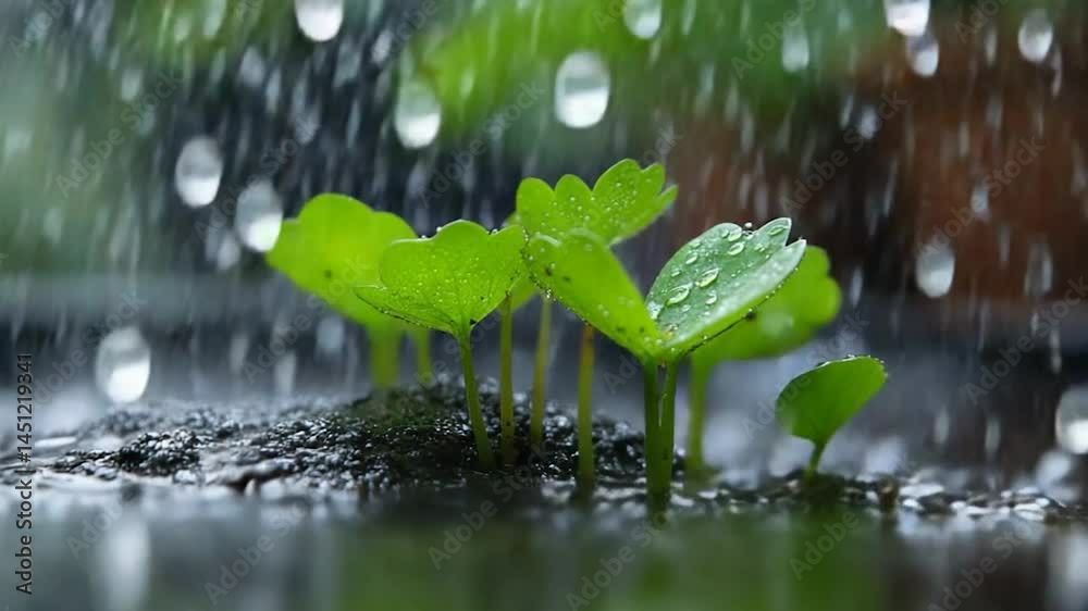 Aufkleber vibrant green plant sprouts emerging from dark soil in a tranquil water environment. raindrops delic