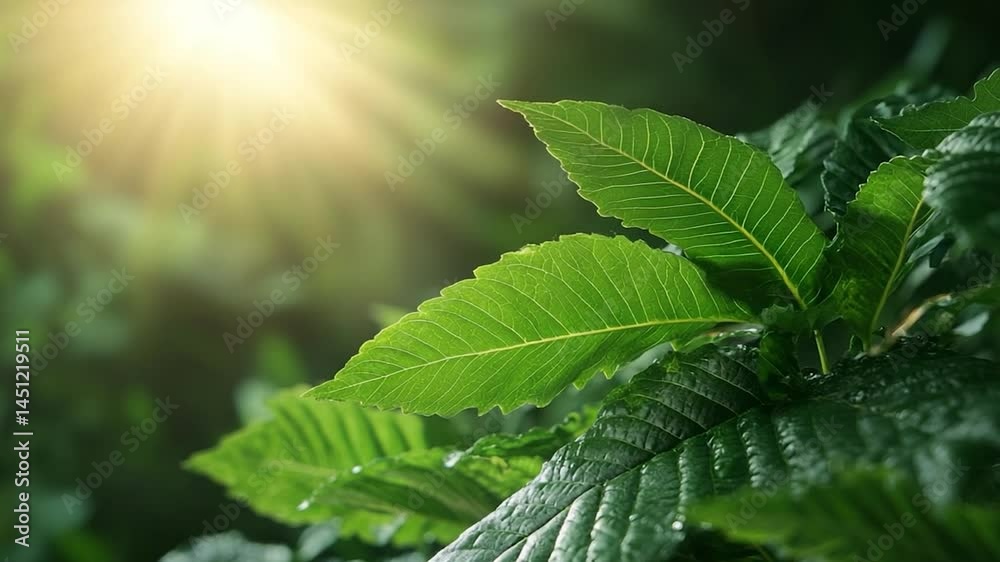 Poster close-up of vibrant green leaves illuminated by a bright sunburst creating a serene natural backdrop