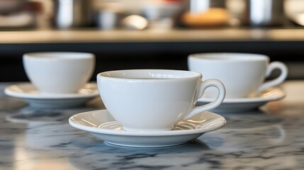 Obraz premium Three White Coffee Cups on Marble Table
