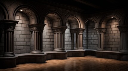 Obraz premium Stone Arch Interior: A grand and imposing interior space characterized by a series of elegant stone arches and columns bathed in soft, warm lighting.