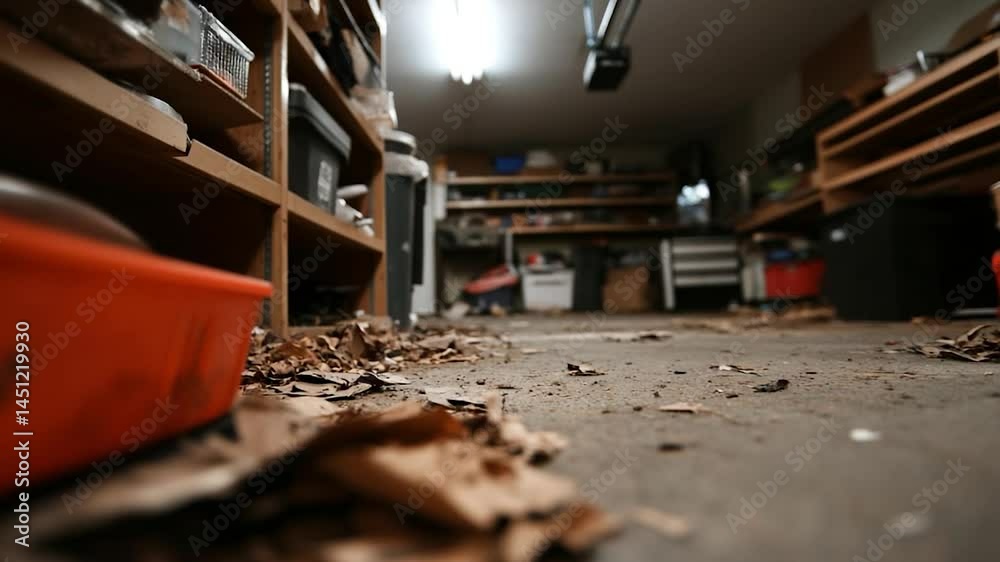 Poster low angle shot of a cluttered garage interior with focus on floor debris shelves and tools illuminat