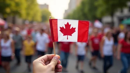 Papier peint photo Canada A close-up of a hand holding a small Canadian flag, with a blurred background of a Canada Day celebration.  © huaomanz