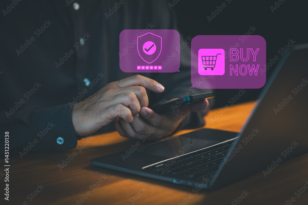 Poster Customer uses a smartphone for secure online shopping, with digital icons showing a shield for security and a cart for instant 