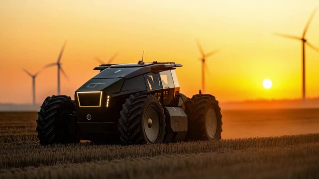 Autonomous tractor in agriculture field at sunset with wind turbines for modern farm
