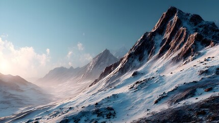 Snow-capped mountain vista with soft golden sunlight evokes tranquil wilderness adventure imagery for outdoor brands