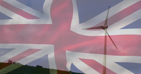 Wind turbine spinning on hilltop, overlaying Union Jack flag in animated flat design scene - Powered by Adobe