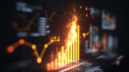 Creative spark in the form of digital fire igniting glowing charts and strategic icons overlay cut out on isolated transparent removed background
