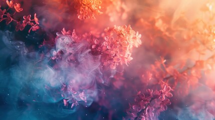 Vibrant spring blossoms enveloped in colorful smoke