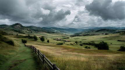 Grey blanket of drifting clouds envelops serene coastal landscape under morning light for peaceful escape