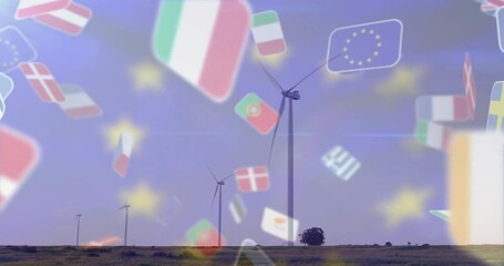 Renewable energy being visualized on plain with wind turbines spinning, EU flags and stars floating - Powered by Adobe