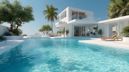 Fototapeta premium Relax in Virtual Paradise with 3D Summer Villas Surrounded by Lush Palm Trees and Clear Blue Sea Vistas