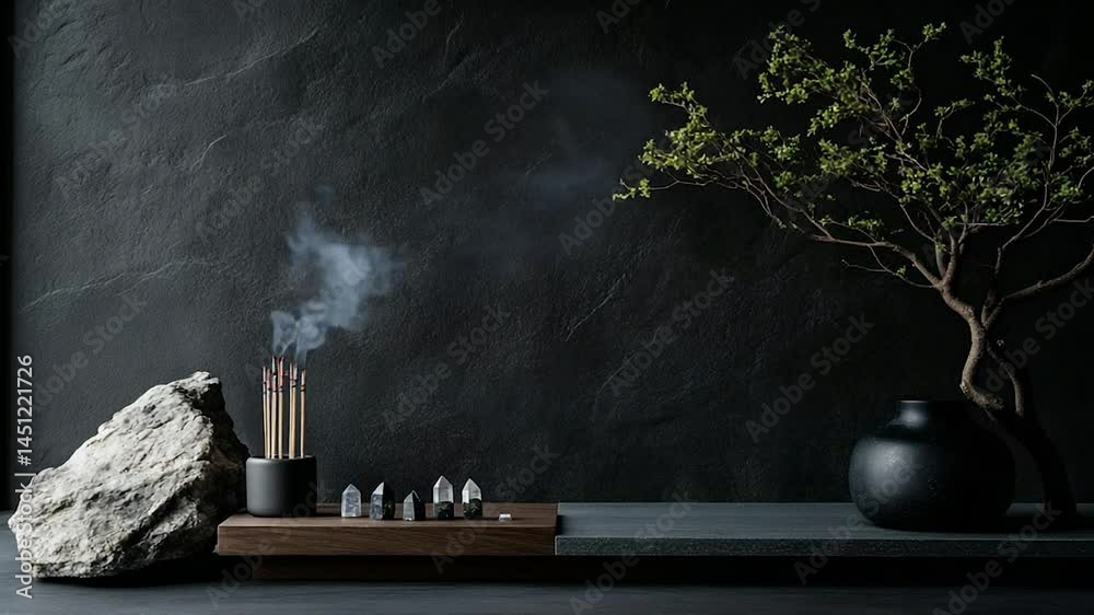 Poster A serene scene featuring a dark textured wall backdrop with objects including incense sticks emitting smoke a rock a vase and a small tree. Soft lighting creates a peaceful ambiance