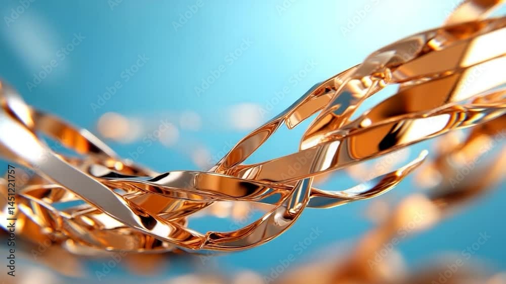 Aufkleber Close-up of flowing golden ribbons against a soft focus blue background creating an abstract visual. Metallic textures and reflective surfaces create a sense of elegance and fluidity