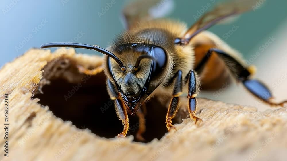 Poster Close up macro of an insect revealing intricate details and textures including its eyes and fur. The insect is at the entrance of a wooden surface with blurred background