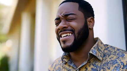 Fototapeta premium Closeup Portrait of a Happy Black Man with Eyes Closed, Smiling Joyfully Outdoors