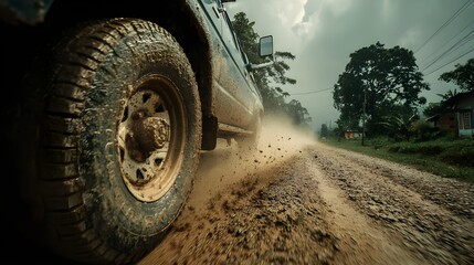 Conquer Challenging Terrain with Vehicle Spinning Wheels through Muddy Rural Track Emphasizing Raw Off-Road Adventure