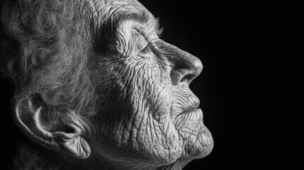Obraz premium Close-up black and white profile of an elderly senior woman with deep wrinkles and expressive features against a solid dark background for health and aging concepts