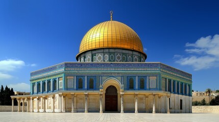 Obraz premium Dome of the Rock, Jerusalem: A majestic architectural marvel, the Dome of the Rock stands tall against a clear blue sky. Its golden dome and intricate blue tilework, a testament to Islamic artistry.