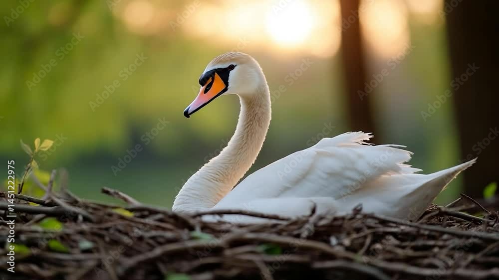 Aufkleber a serene bird rests in a nest of twigs against a blurred green backdrop with golden light illuminati