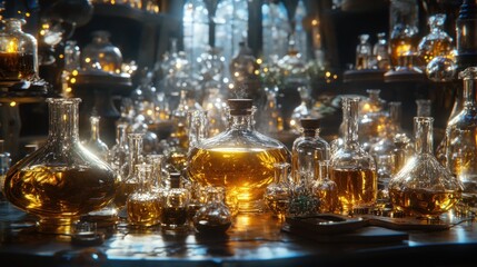 Golden potions in a mystical laboratory