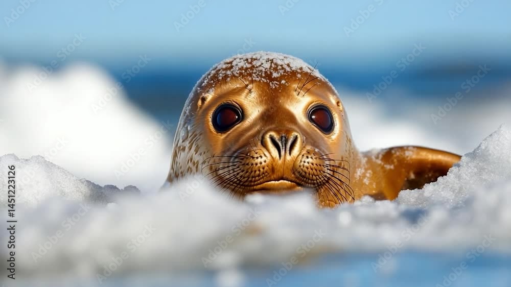 Poster close-up of animal head emerging from snow with water in the background capturing expression and det