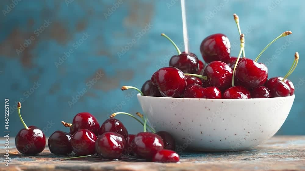 Poster fresh red cherries in a white bowl with a blue textured background. water pours over the fruit creat