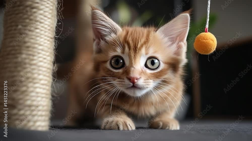 Aufkleber Ginger kitten in close-up with striking eyes. Features a playful orange ball and scratching post creating an adorable scene of feline curiosity and interaction