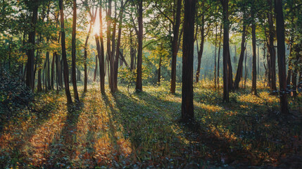 Serene forest landscape with tall trees Bathed in warm sunlight du autumn with colorful leaves and long shadows creating a peaceful natural scene