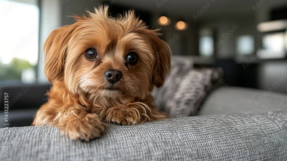 Poster Close-up of a small brown dog with big eyes resting on a gray sofa with patterned cushions. Soft lighting, blurred background adds depth