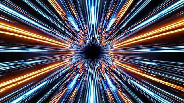 Dynamic video concept with a vanishing point perspective, featuring streaks of light in a tunnel, creating a futuristic, high-speed visual effect. Live desktop wallpaper.