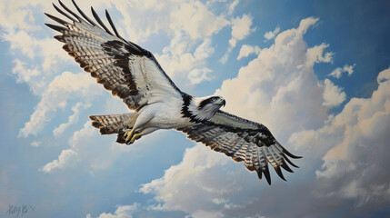 Obraz premium Majestic aerial view of an impressive osprey soa through bright blue sky with fluffy white clouds du daytime showcasing detailed feathers and powerful wings