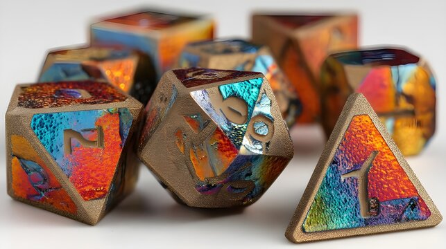 High-resolution metallic resin dice set elegantly arranged on neutral backdrop for tabletop gaming enthusiasts showcase