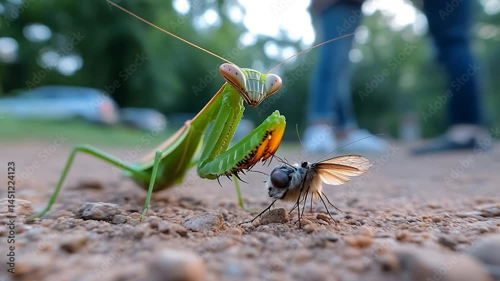 Poster macro shot of a green praying mantis interacting with a small insect on a dirt surface. blurry backg