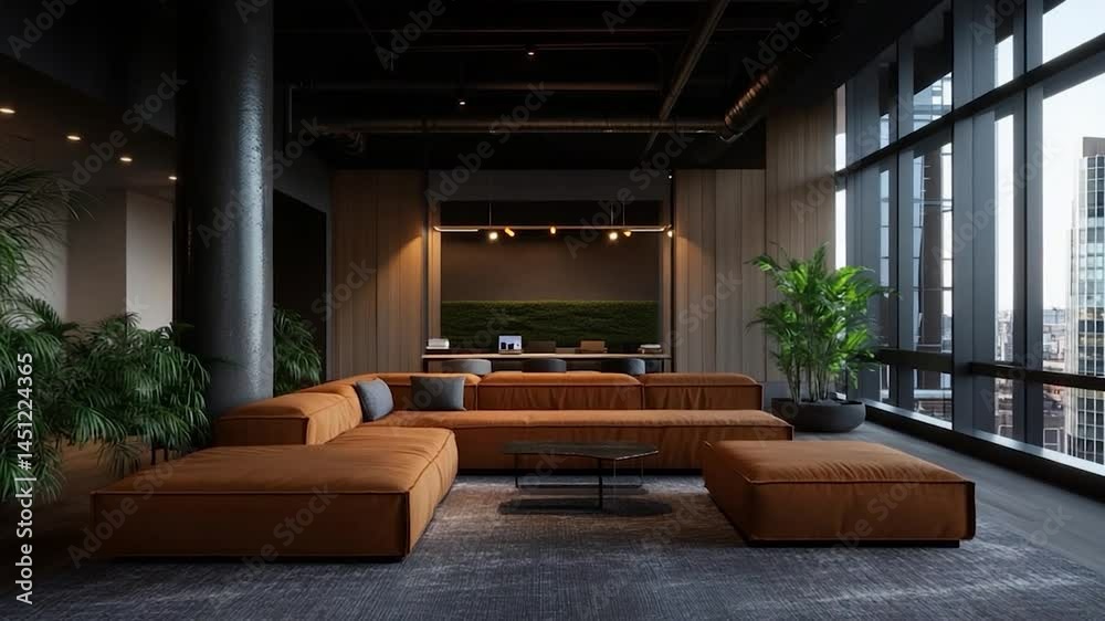Poster modern office lounge featuring orange sectional sofa plants wooden paneling and city views from larg