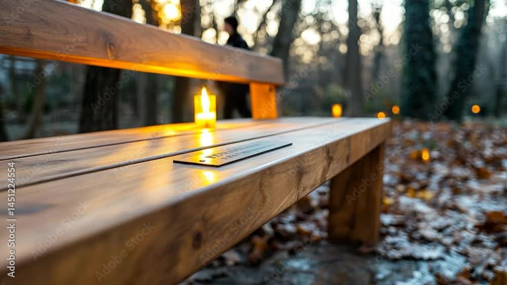 Leinwandbilder wooden bench with a warm glow of candlelight in a forest setting with person walking in the backgrou