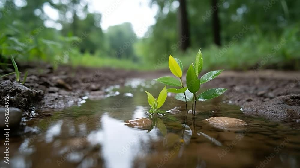 Aufkleber close-up shot of a small green plant growing in water in a forest. the scene features a shallow pudd