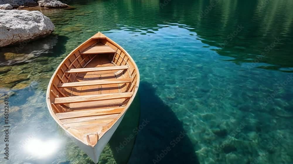 Poster Generic boat floating in crystal clear turquoise water reflecting sunlight rocks and trees in the background peaceful scene serene