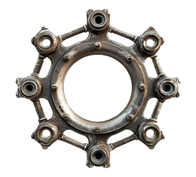 A metal circle with many holes and bolts