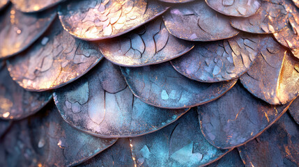 Close-up detailed macro image of textured pine cone scales showing metallic iridescent colors and intricate natural patterns with high resolution