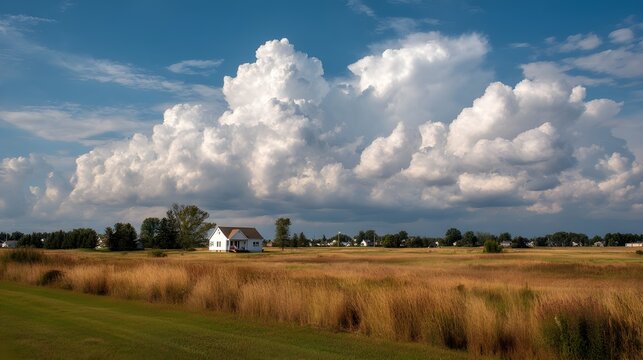Brooding clouds gathering over peaceful rural scene with rolling fields and distant barn under moody sky