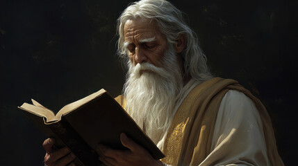 Fototapeta premium Elderly man with long white hair and beard reading a book outdoors in a peaceful natural setting du daytime, showing wisdom, focus, and serenity