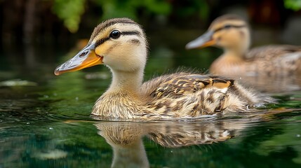 A duckling swimming in a pond with its mother nearby evokes heartwarming wildlife photography storytelling