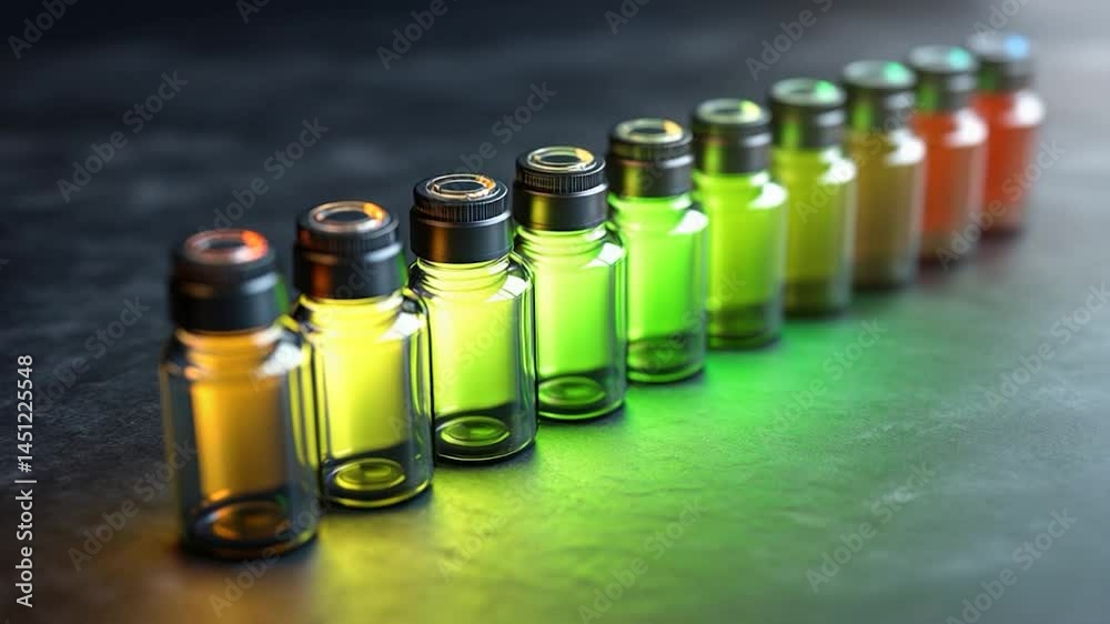 Poster Line of colorful vials on a dark surface with a gradient light. Focus on the vials with different colored liquids. The surface is reflective and slightly blurred