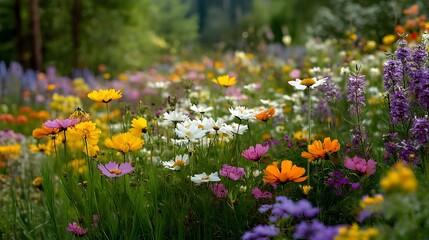 Obraz premium Vibrant wildflower meadow bursting with colorful blooms and textures under golden sunlight for nature enthusiasts