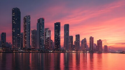 Fototapeta premium Explore Elegant 3D Luxury Apartment Overlooking Vibrant City Skyline At Sunset With Exclusive High-End Amenities