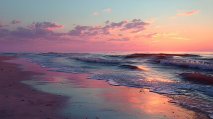 Fototapeta premium Calm Beach Scene at Sunset Inviting Peaceful Vibes and Serene Ocean Ambiance for Tranquil Escape