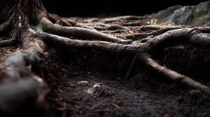 Fototapeta premium Tangled Tree Roots Creating Intricate Abstract Patterns Organic Texture Inspiring Artistic Design and Visual Depth