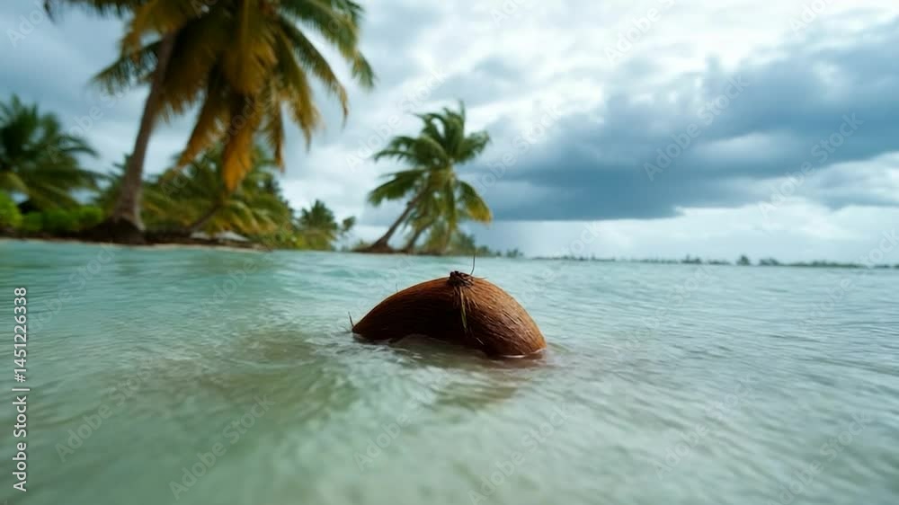Poster Close-up of a coconut in shallow turquoise water with blurred trees and a cloudy sky in the background