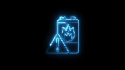 Battery fire hazard neon glowing icon animation on black background illustrating potential fire risk and cautionary measures for lithium ion batteries