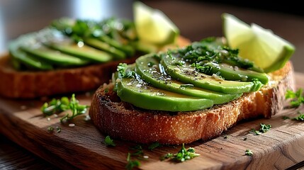 Softly sliced avocado toast on rustic wooden boards for gourmet brunch presentations and plant-based inspirations